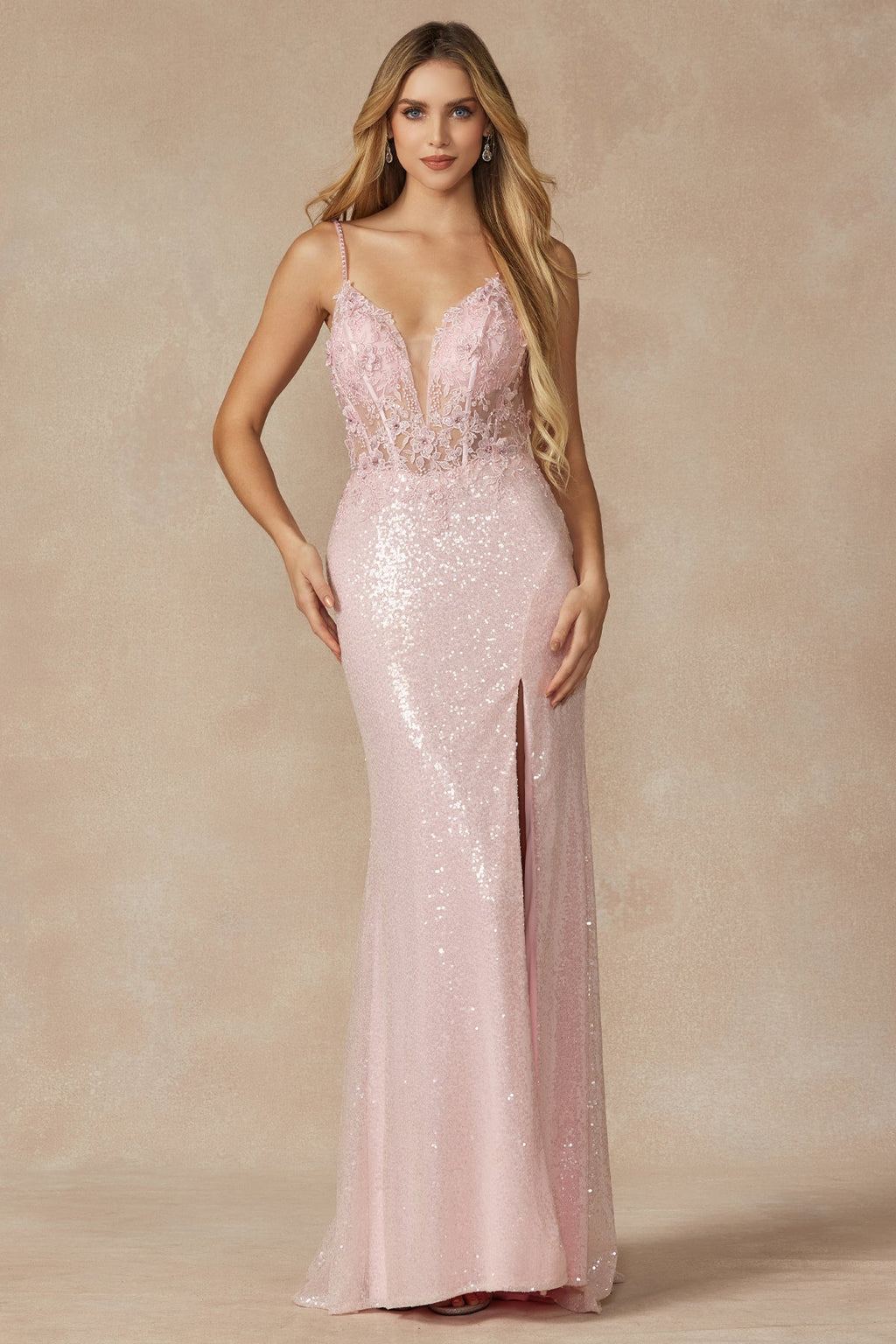 Machine Sequin Corset Bodice Side Slit Long Prom Dress JT289