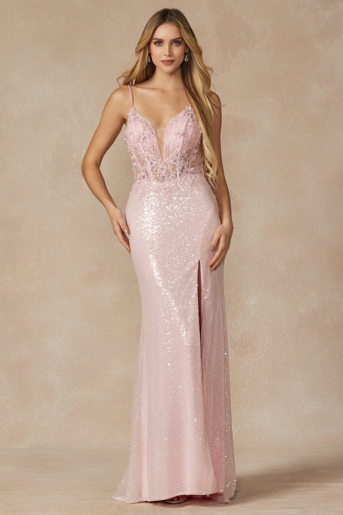 Machine Sequin Corset Bodice Side Slit Long Prom Dress JT289