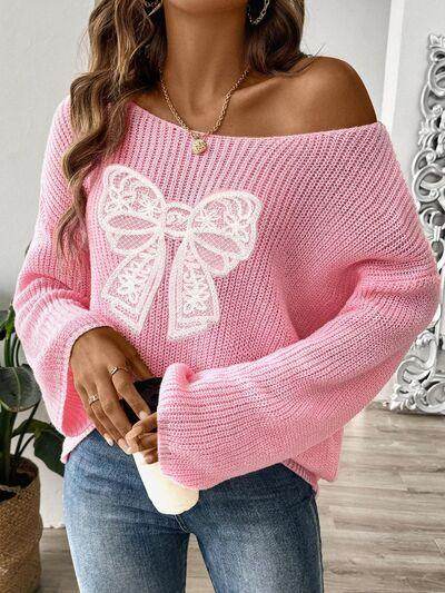Bow Boat Neck Long Sleeve Sweater for Women Fashion