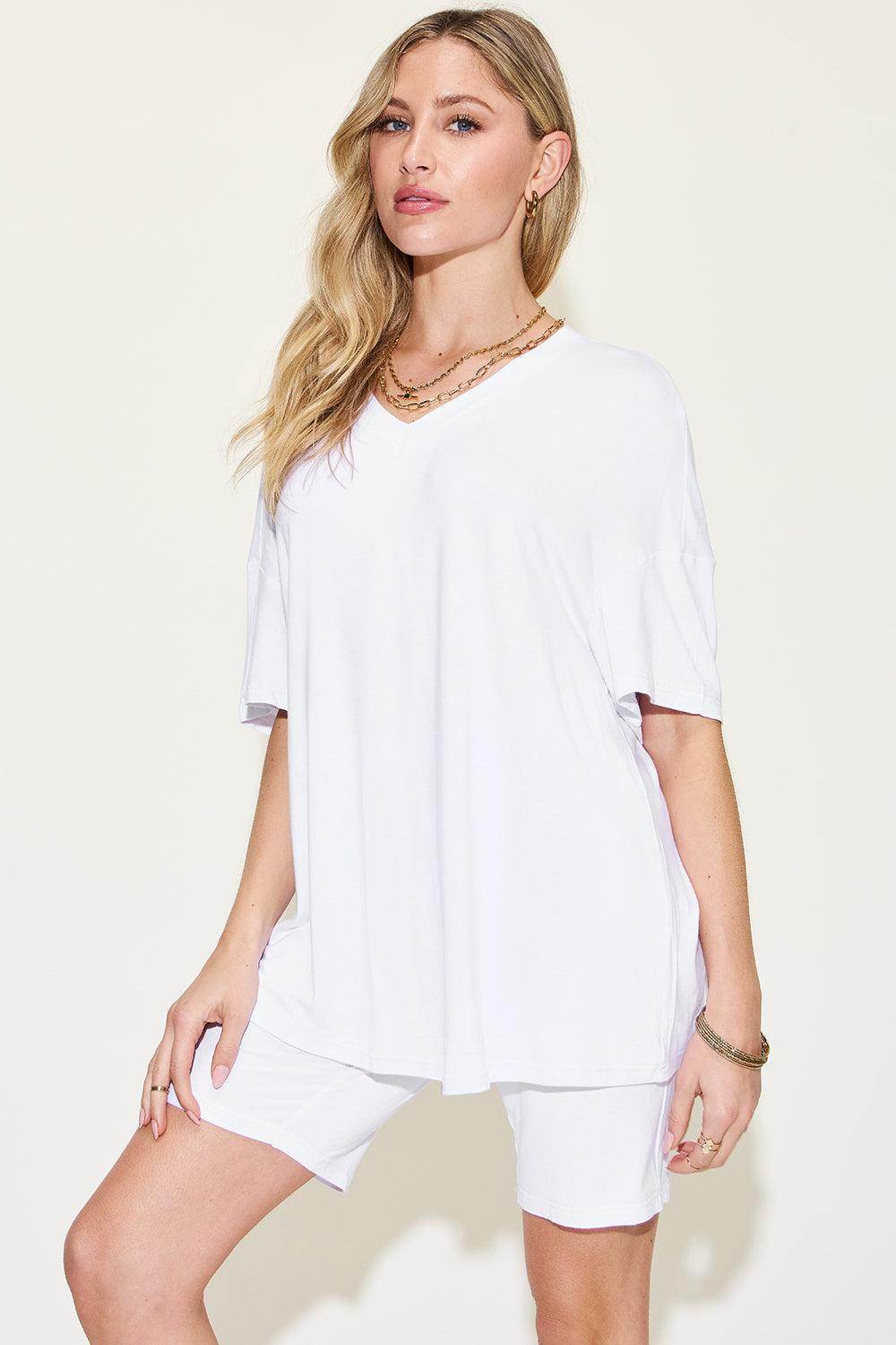 Basic Bae Full Size V-Neck Drop Shoulder T-Shirt Set