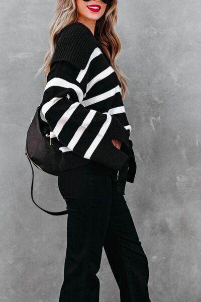 Striped Johnny Collar Long Sleeve Sweater for Women