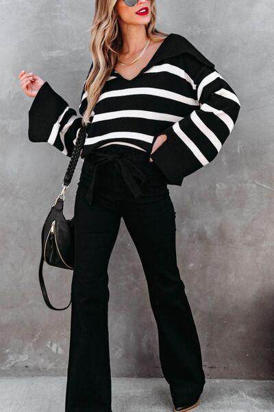 Striped Johnny Collar Long Sleeve Sweater for Women