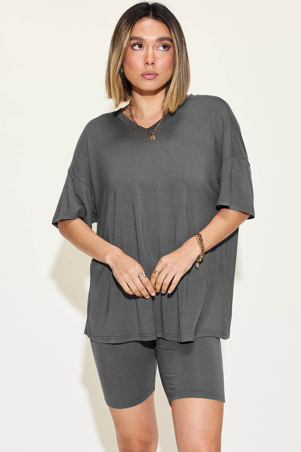 Basic Bae Full Size V-Neck Drop Shoulder T-Shirt Set