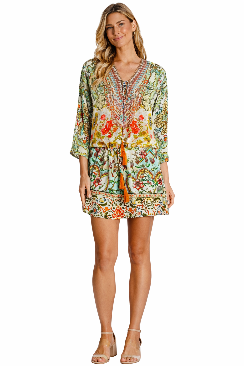Wholesale Green & Yellow Tropical Floral Tunic Mini Dress