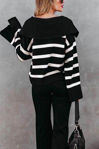 Striped Johnny Collar Long Sleeve Sweater for Women