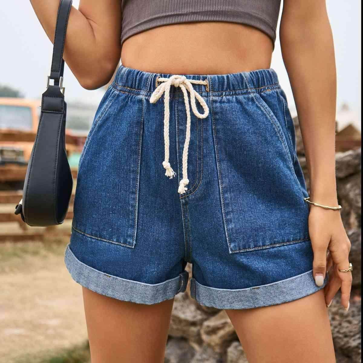 Drawstring High Waist Denim Shorts with Pockets for Women