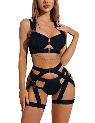 Lingerie Set for Women Sexy Strappy Lingerie Underwire Push Up Bra Garter Set Lingerie with Chain