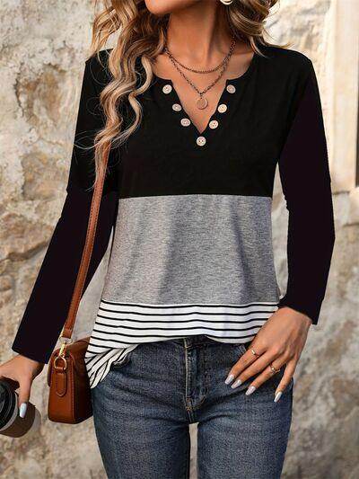 Notched Long Sleeve T-Shirt with Decorative Button Detail