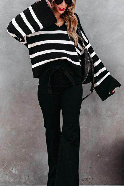 Striped Johnny Collar Long Sleeve Sweater for Women
