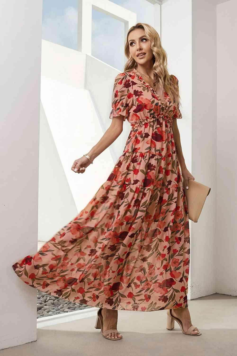 Floral V-Neck Short Flounce Sleeve Dress for Women