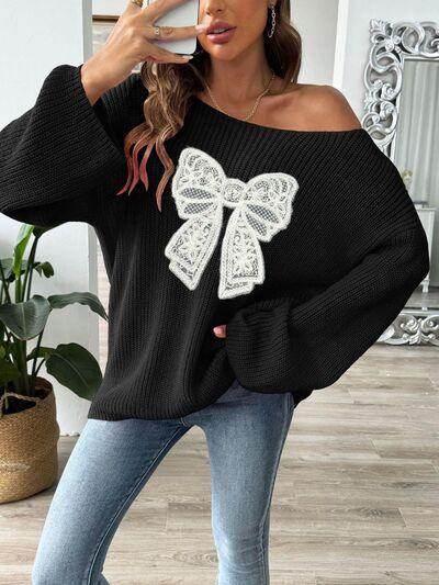 Bow Boat Neck Long Sleeve Sweater for Women Fashion
