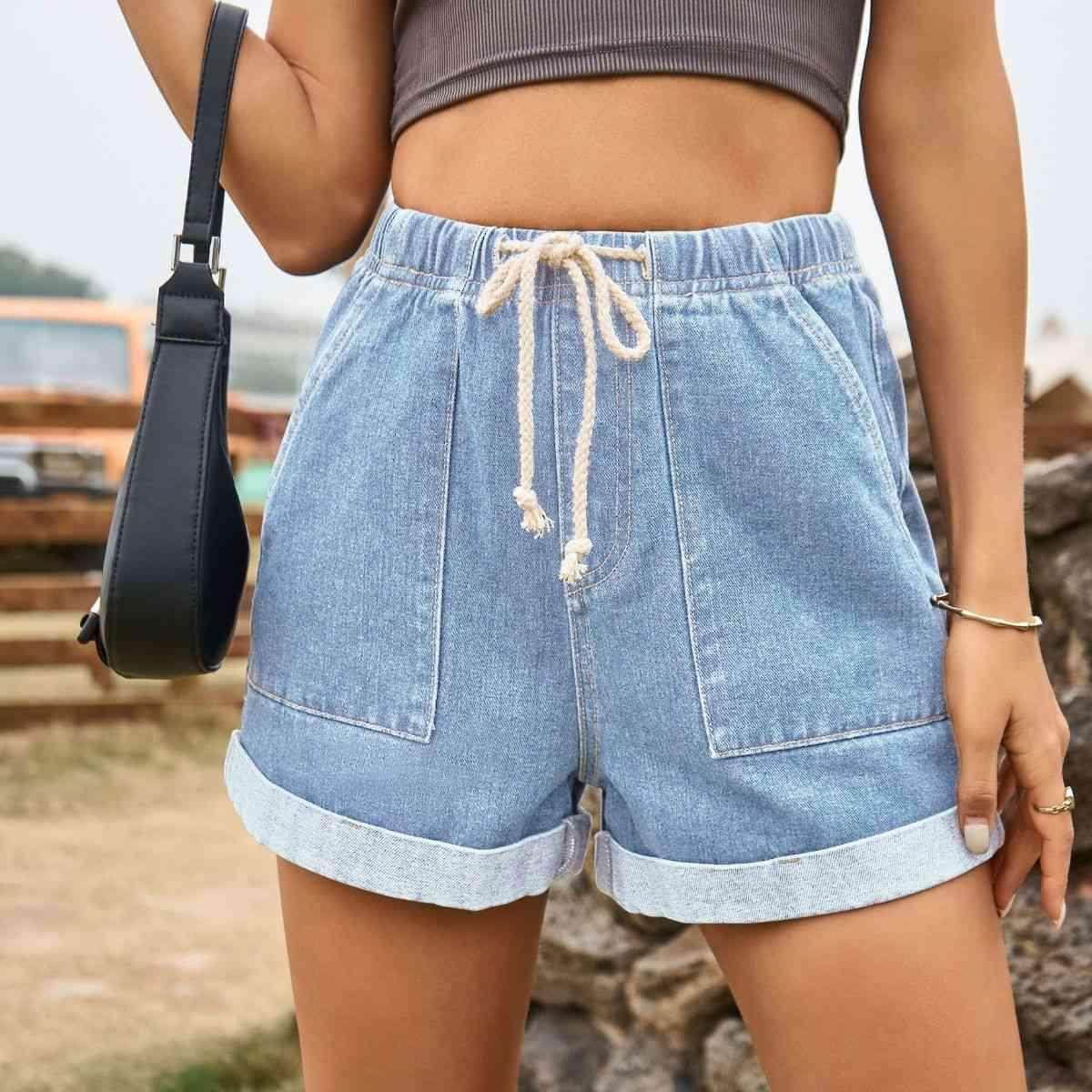Drawstring High Waist Denim Shorts with Pockets for Women