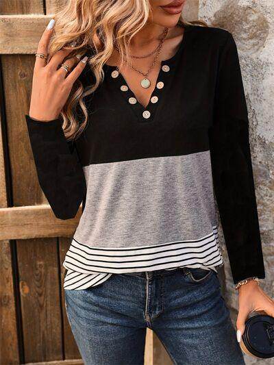 Notched Long Sleeve T-Shirt with Decorative Button Detail