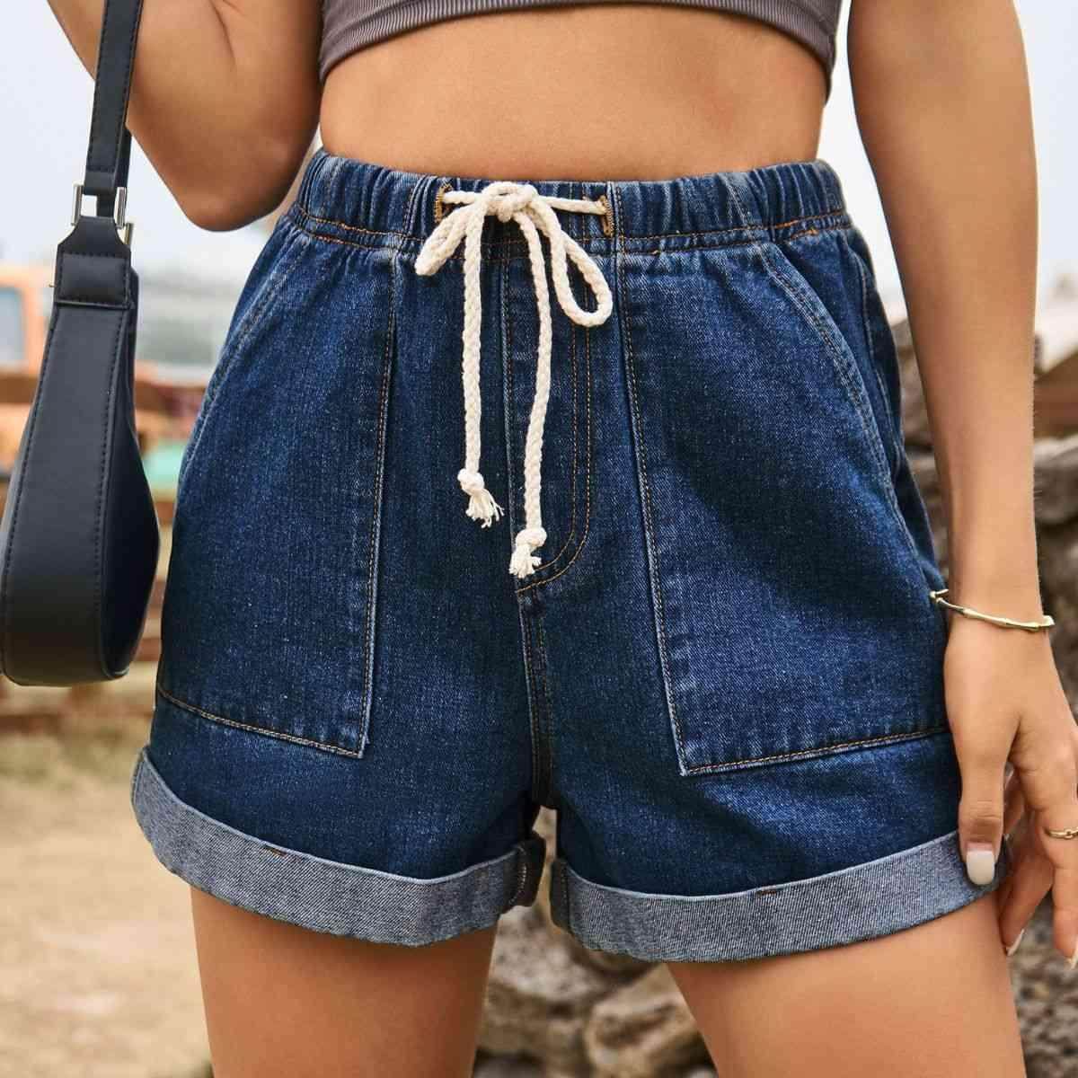 Drawstring High Waist Denim Shorts with Pockets for Women