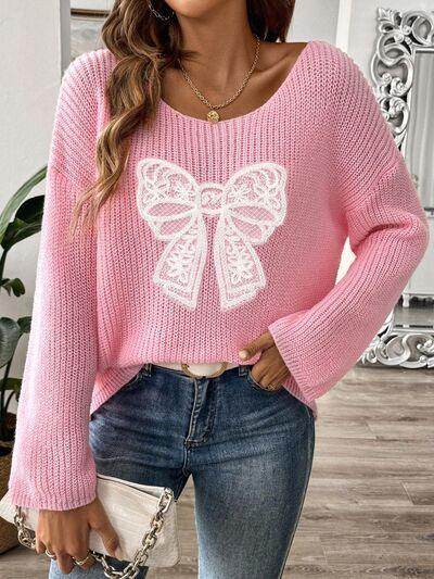 Bow Boat Neck Long Sleeve Sweater for Women Fashion