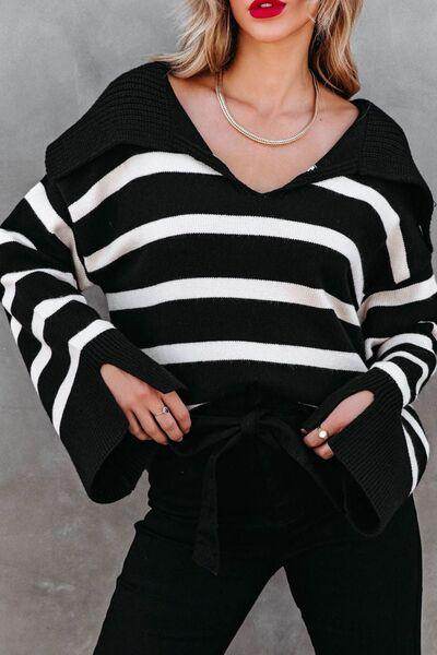 Striped Johnny Collar Long Sleeve Sweater for Women