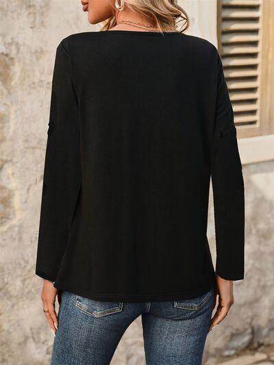 Notched Long Sleeve T-Shirt with Decorative Button Detail