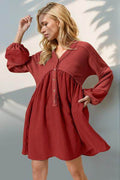 Double Take Waffle-Knit Contrast Half Button V-Neck Dress