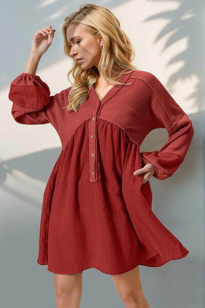Double Take Waffle-Knit Contrast Half Button V-Neck Dress