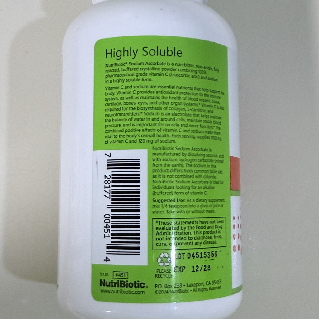 NutriBiotic Sodium Ascorbate Vitamin C Powder, 16 oz, Exp 12/2028