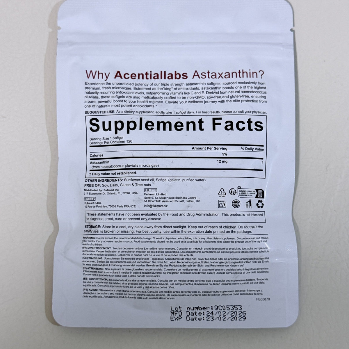 Astaxanthin 12 mg from Microalgae, 120 Softgels, Exp 02/2029