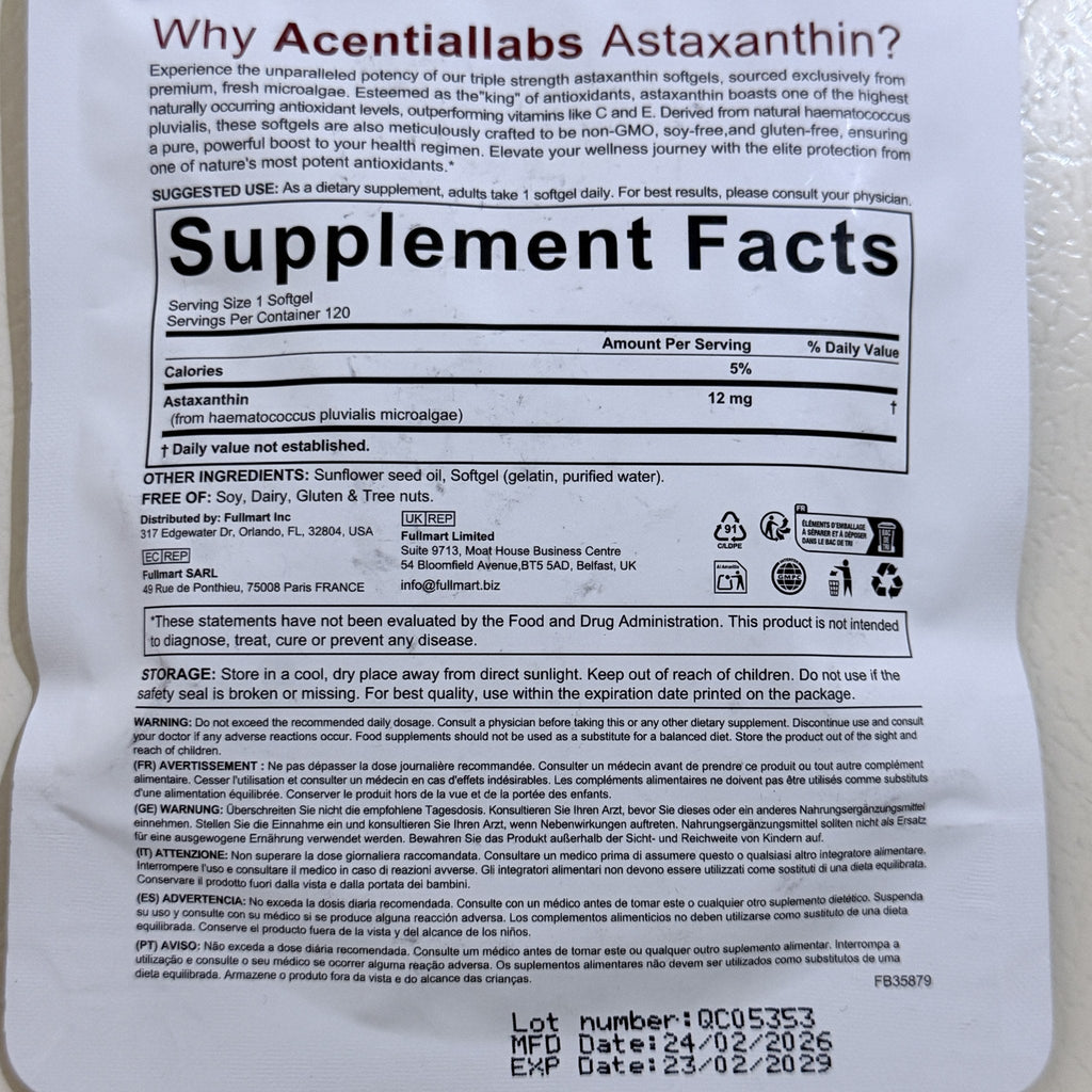 Astaxanthin 12 mg from Microalgae, 120 Softgels, Exp 02/2029