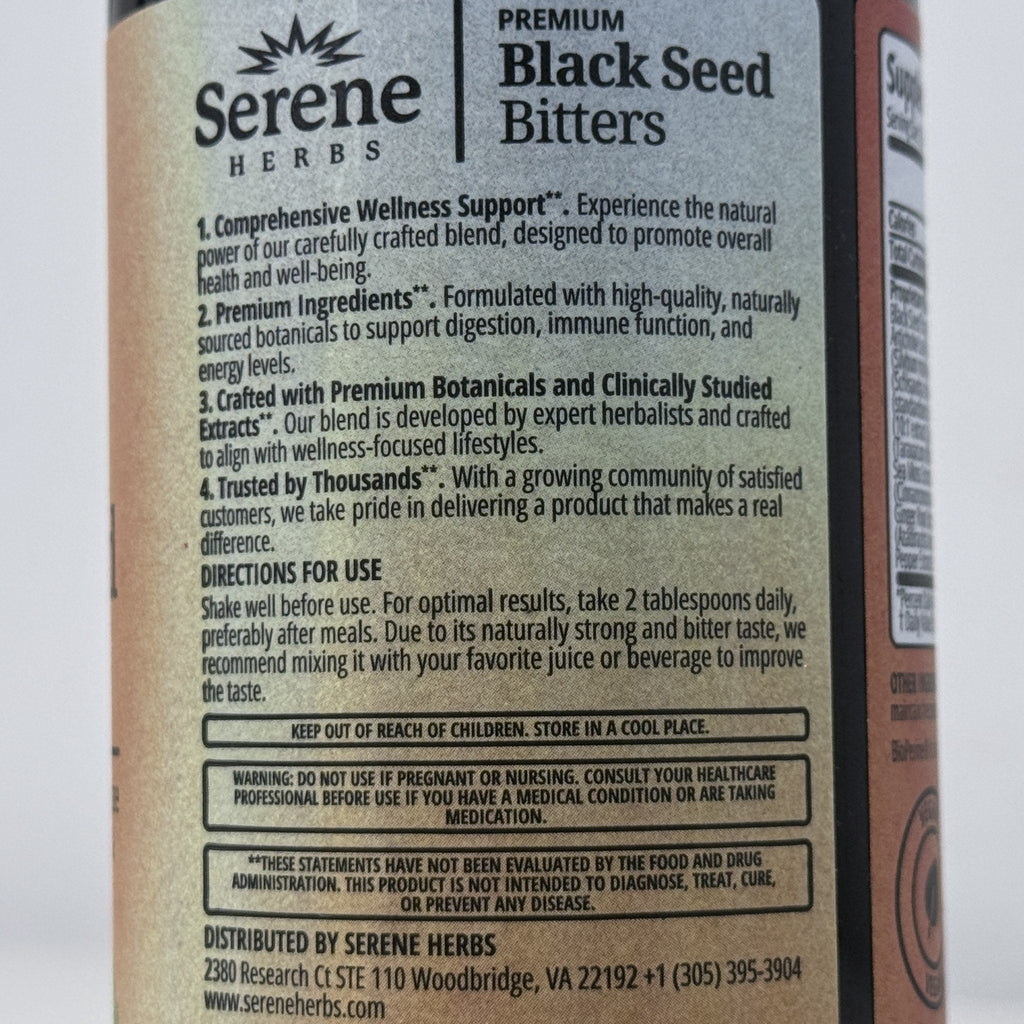Serene Herbs Premium Black Seed Bitters, 16 fl oz, BB 07/2028