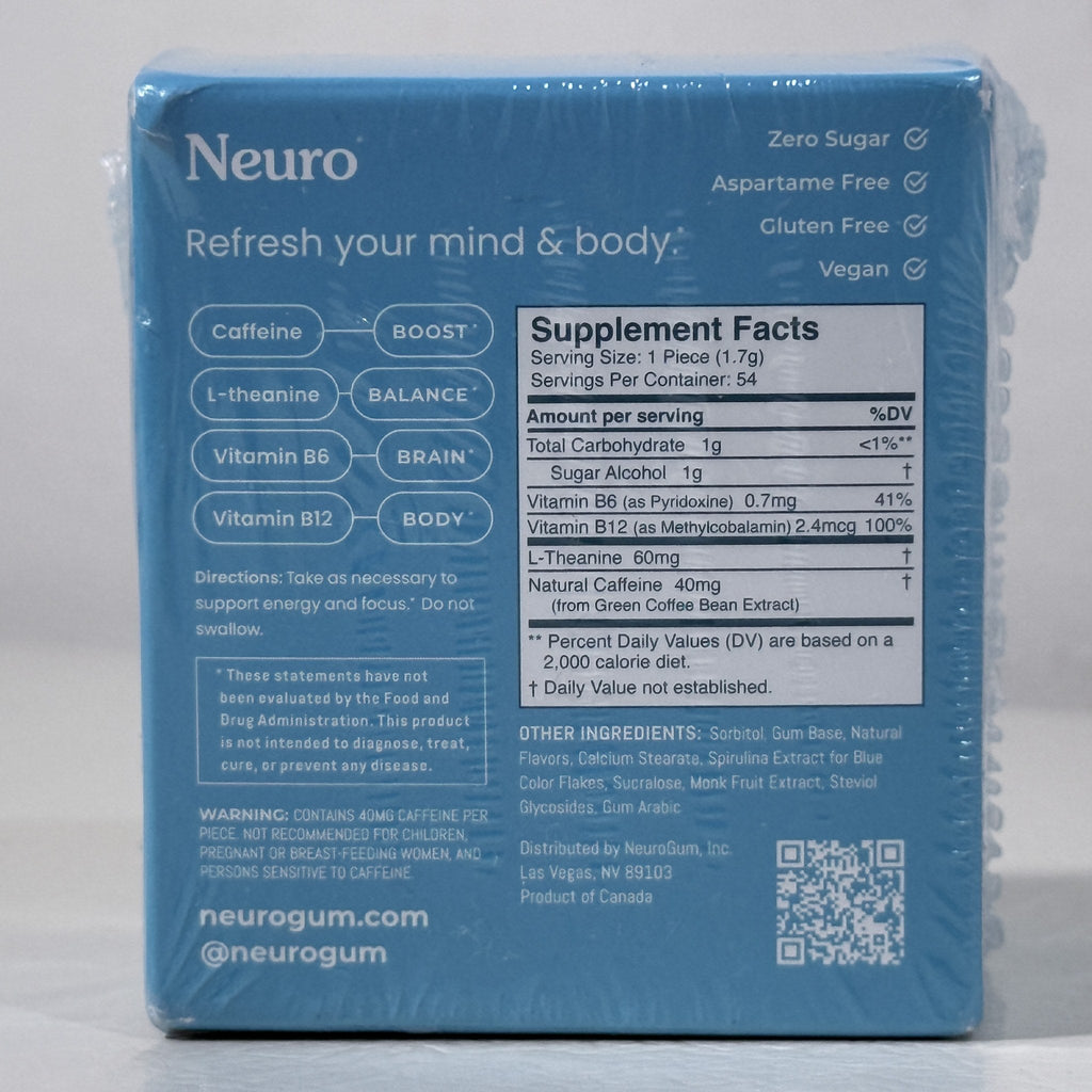 Neuro Energy & Focus Gum, Peppermint, 6 Pack, 54 Pieces, Exp 04/2027