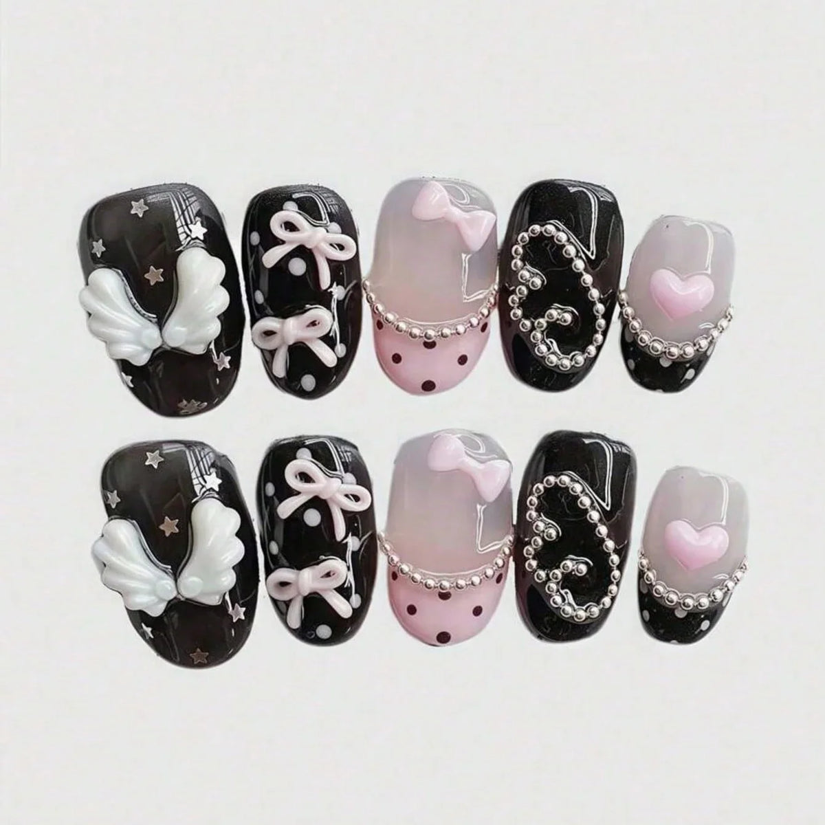 10pcs pure hand pressed short circular nail art, beautiful fake nails, sweet and cool pink bow, suitable for women to use