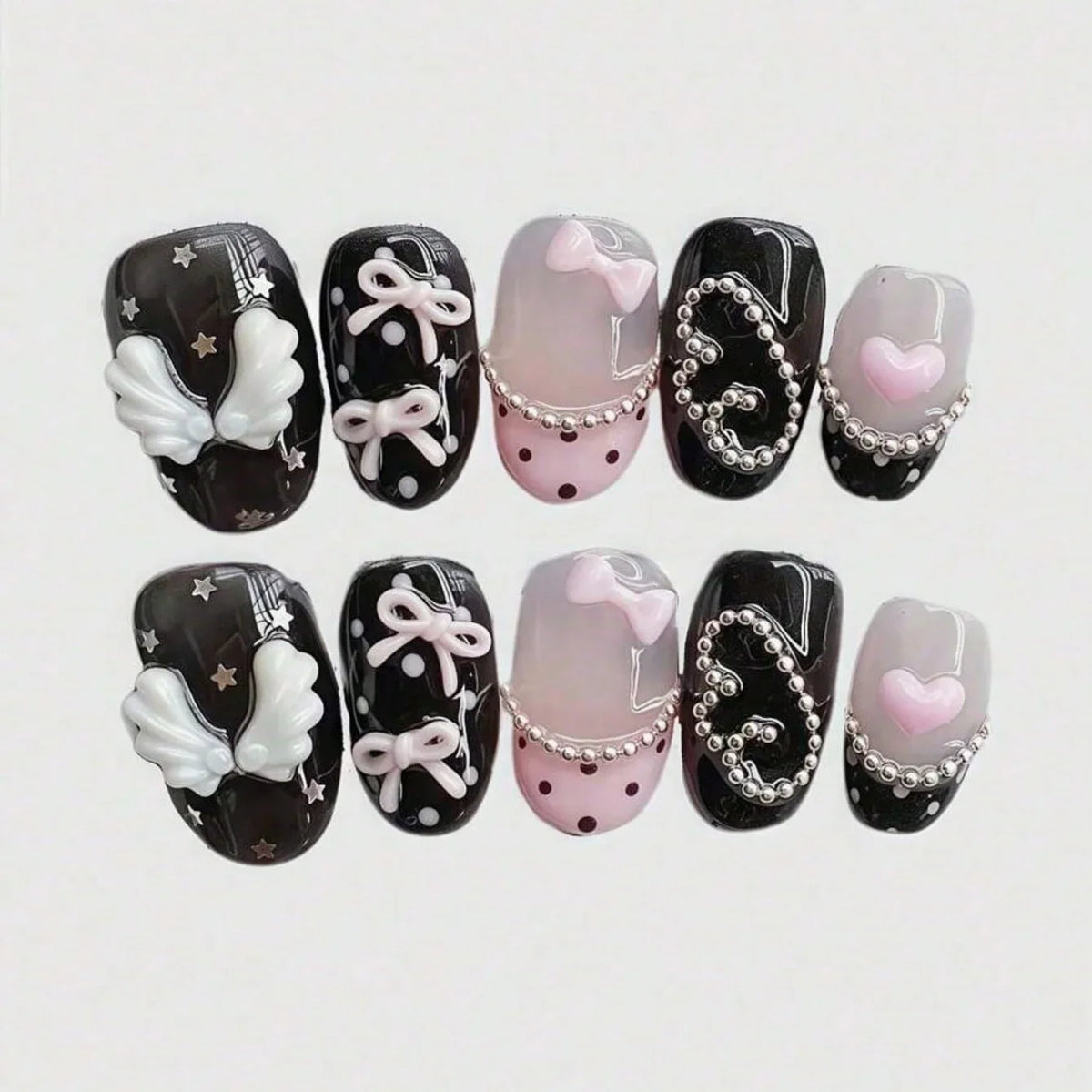 10pcs pure hand pressed short circular nail art, beautiful fake nails, sweet and cool pink bow, suitable for women to use