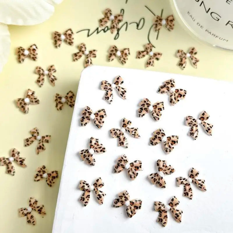 20Pcs New Maillard Color Ribbon Bow Nail Art Accessories Classic Leopard Print Tie Resin Nail Charms DIY Clips Nails Decorations
