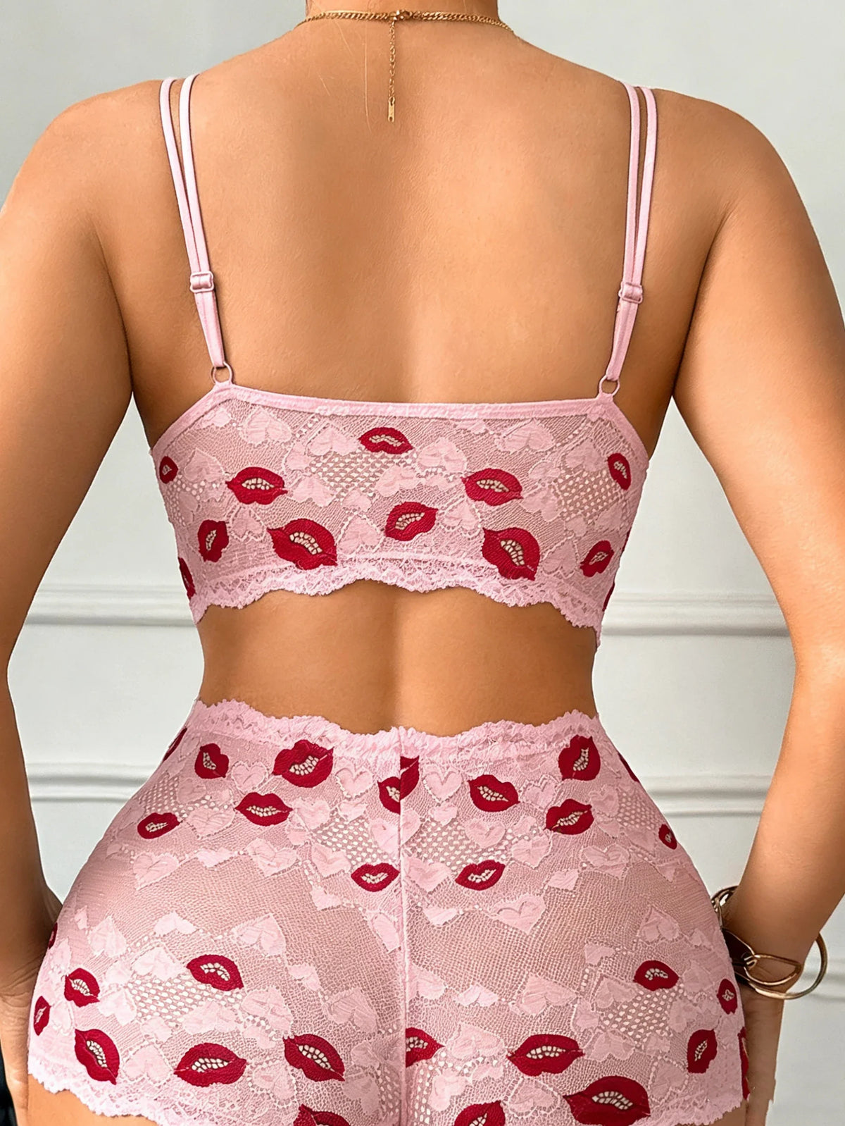 Sexy Lip Print Women's Lingerie Set – Wireless Lace Bra & Sheer Panties
