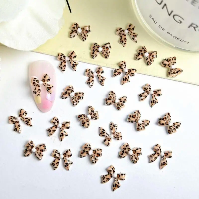 20Pcs New Maillard Color Ribbon Bow Nail Art Accessories Classic Leopard Print Tie Resin Nail Charms DIY Clips Nails Decorations