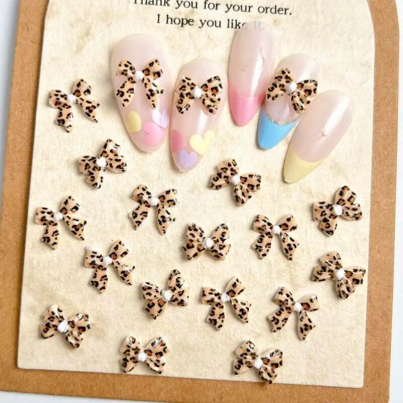 20Pcs New Maillard Color Ribbon Bow Nail Art Accessories Classic Leopard Print Tie Resin Nail Charms DIY Clips Nails Decorations