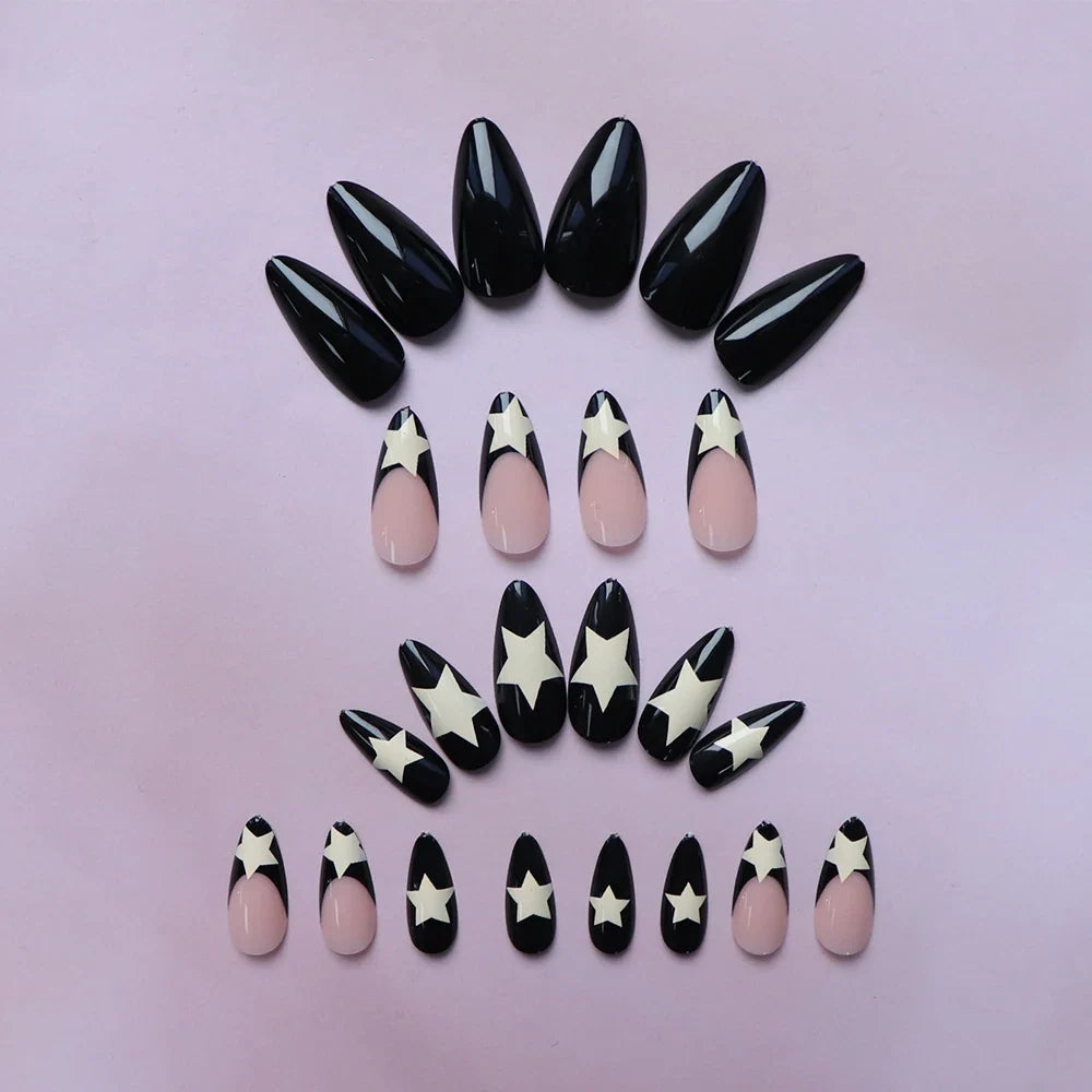 ARTAUG 24PCS Medium Stiletto Pink Black French Tip Press On Nails Star Pattern Glitter Press On Nails