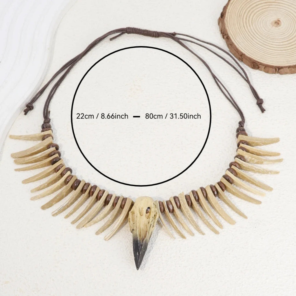 1 piece of vintage Viking crow skull coconut shell necklace - resin animal shaped irregular long teeth, Gothic style jewelry,