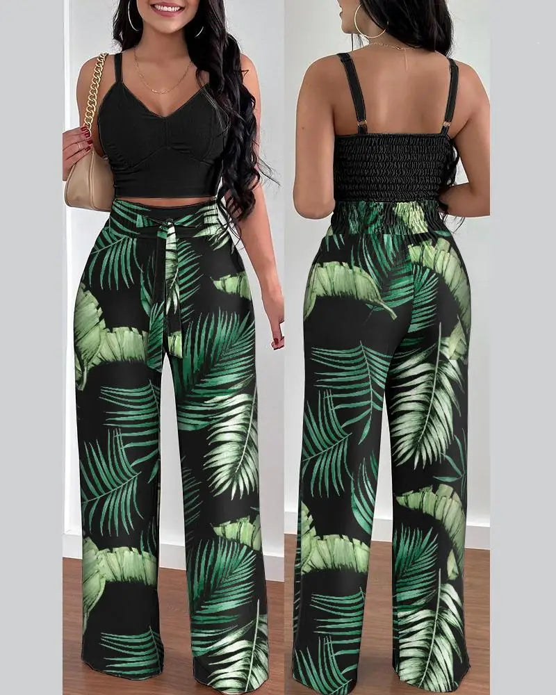 2 Piece Outfits For Women Sexy V-Neck Strap Shirred Slim Crop Top & Lace-up Wide Leg Pants Sets Elegant Office Lady Suit