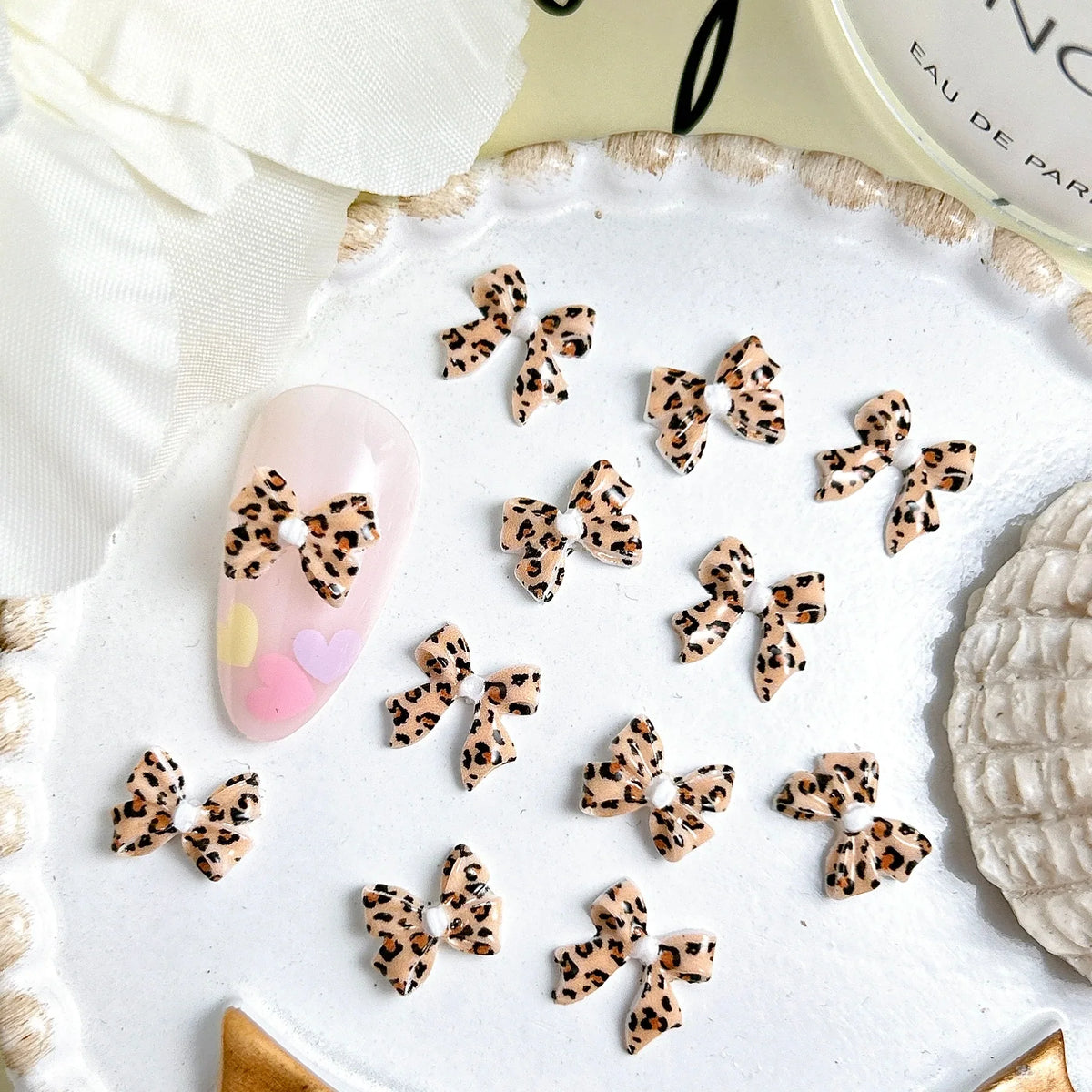 20Pcs New Maillard Color Ribbon Bow Nail Art Accessories Classic Leopard Print Tie Resin Nail Charms DIY Clips Nails Decorations
