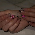 Black Leopard Print Light Yellow French Red Flowers Fake Nails Fashion Detachable Finished False Nails Press on Nails with Glue