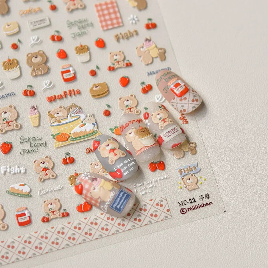 Lovely Animal Graffiti Cat Claw Rabbit Bunny Bear Dog Flower Fruit Dim Sum Candy Sunflower Adhesive 5D Nail Art Stickers Decal