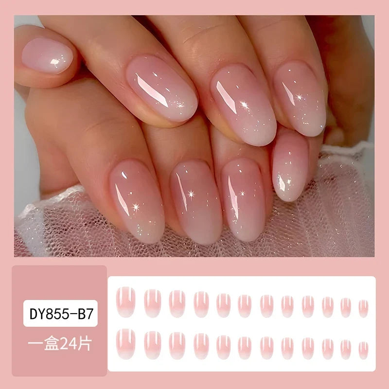 24Pcs Oval Short Pink Press on Nails Simple Ombre Spring False Nail for Sweet Sassy Cool Women&Girl Removable Wearable Nail Art
