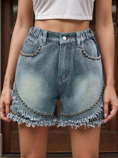 Raw Hem Studded Denim Shorts for Trendy Summer Style