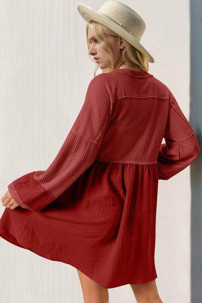 Double Take Waffle-Knit Contrast Half Button V-Neck Dress
