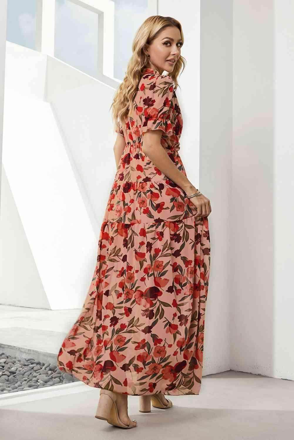 Floral V-Neck Short Flounce Sleeve Dress for Women