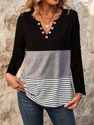 Notched Long Sleeve T-Shirt with Decorative Button Detail