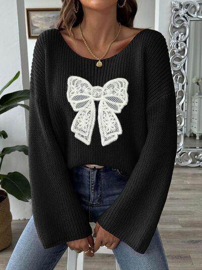 Bow Boat Neck Long Sleeve Sweater for Women Fashion
