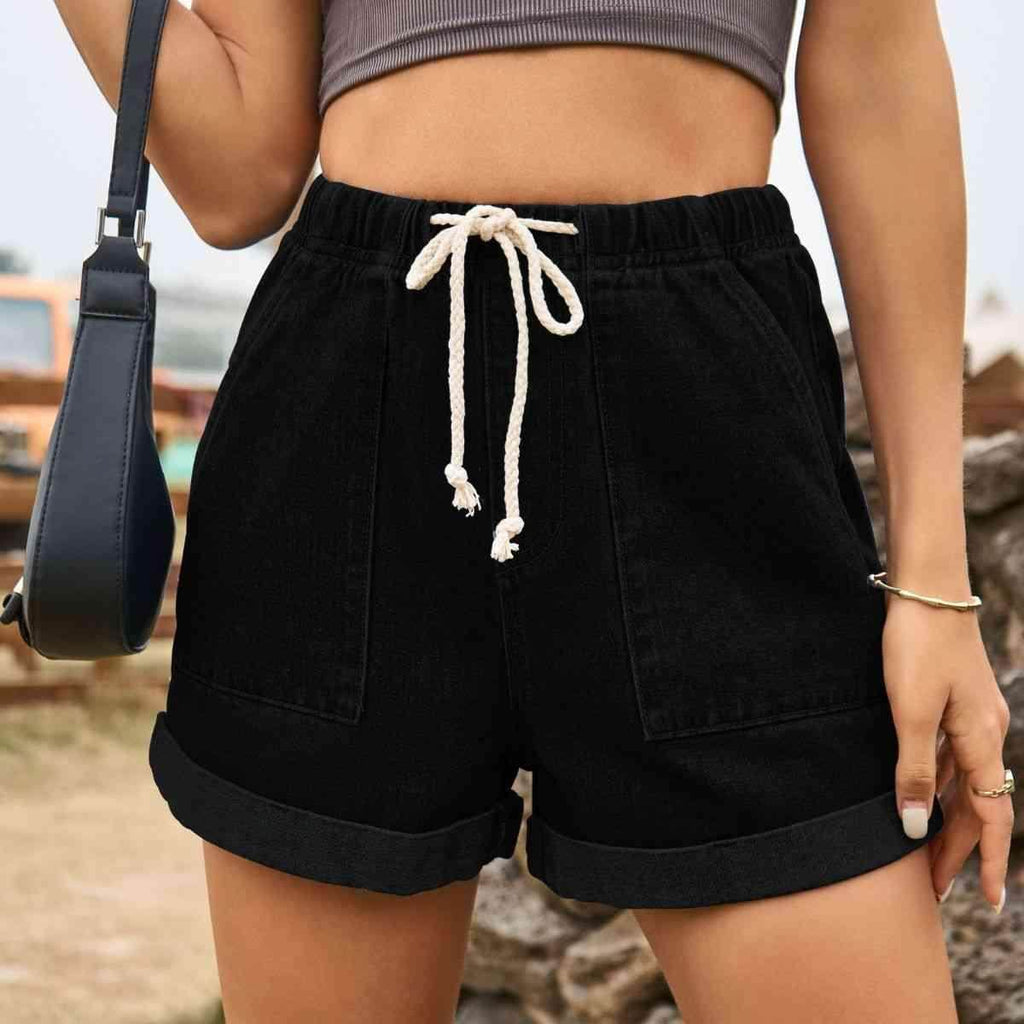 Drawstring High Waist Denim Shorts with Pockets for Women