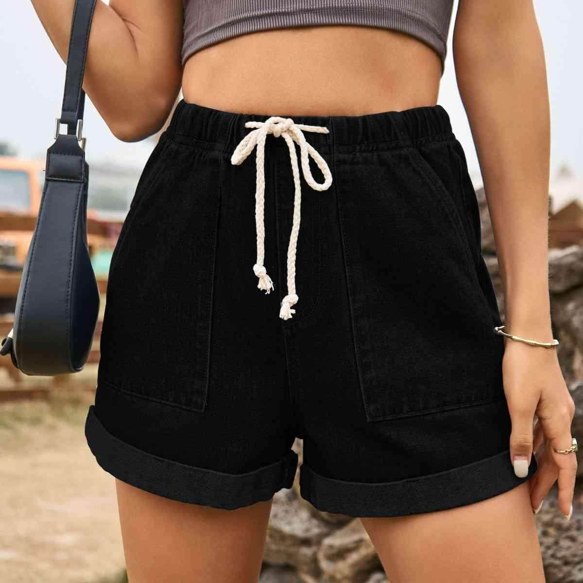 Drawstring High Waist Denim Shorts with Pockets for Women