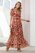 Floral V-Neck Short Flounce Sleeve Dress for Women
