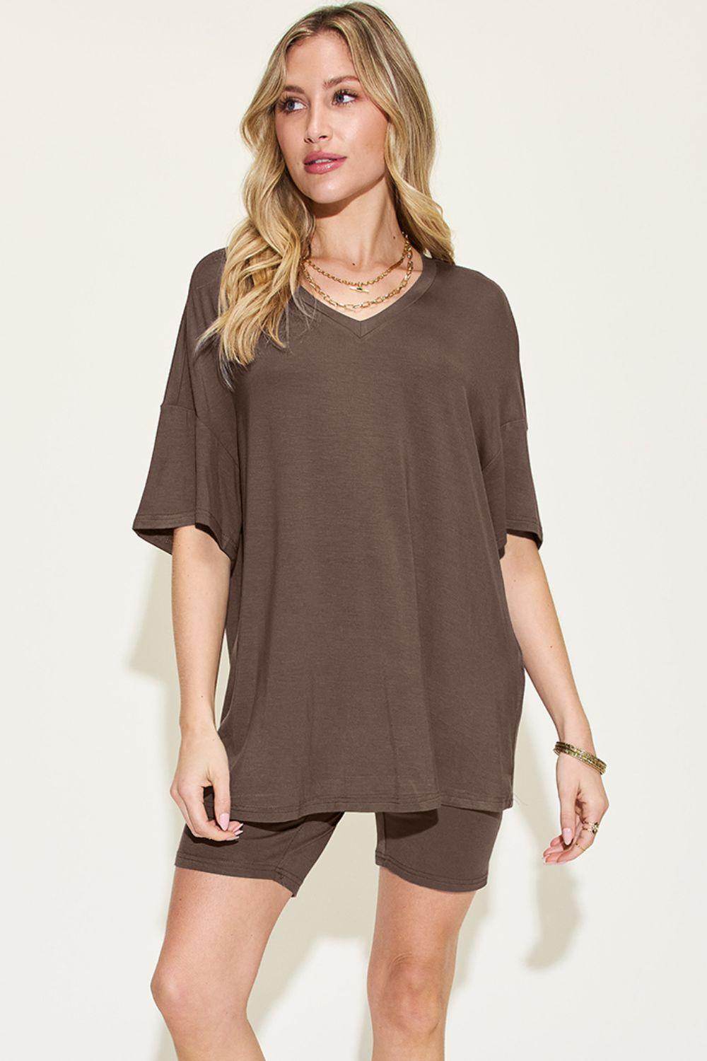 Basic Bae Full Size V-Neck Drop Shoulder T-Shirt Set